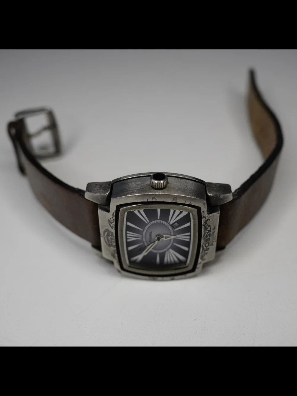 Vintage Fossil JR 9413 Flip Wide Leather Cuff Strap Day Date 36mm Watch Runs